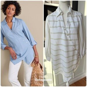 Soft Surroundings Asymmetrical Green and White Stripe Button-Down Shirt